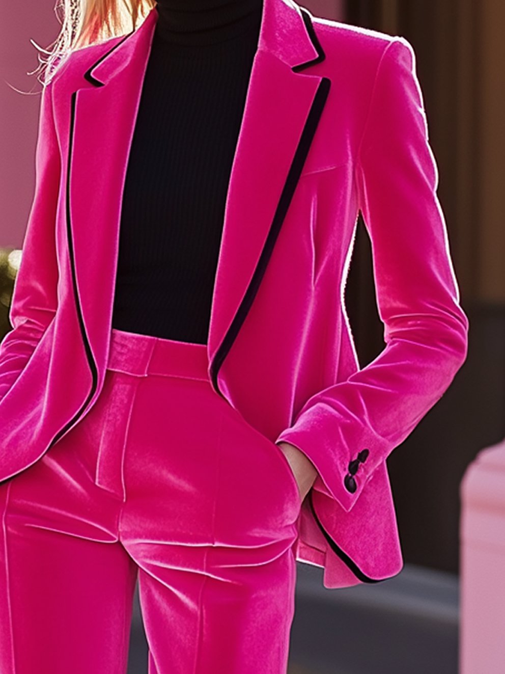 Barbie Pink Velvet Blazer With Black Trim