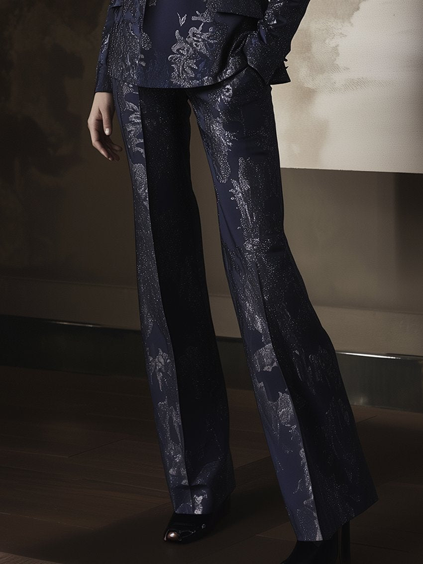 Navy Pants With Silver Dark Print