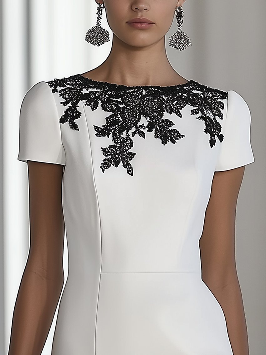 White Midi Dress With Black Lace Embroidery At Neckline