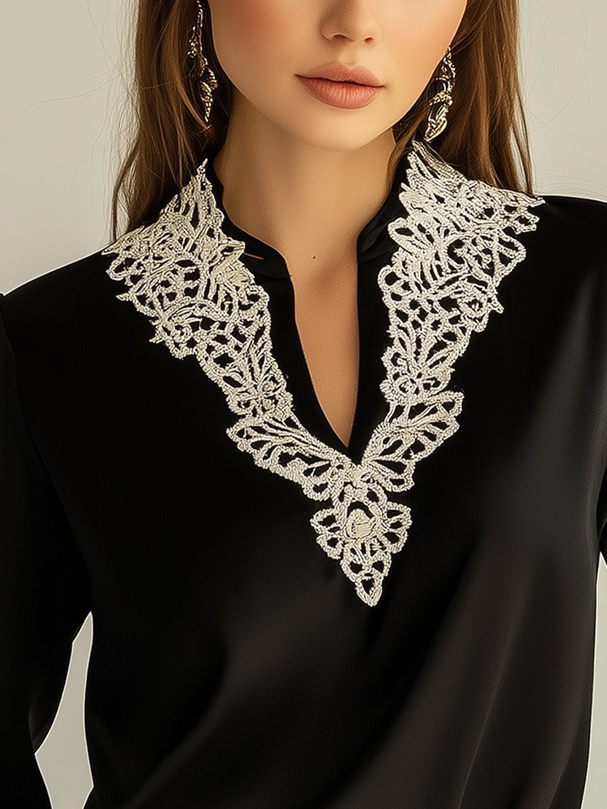 Black Satin Shirt With Lace Neckline