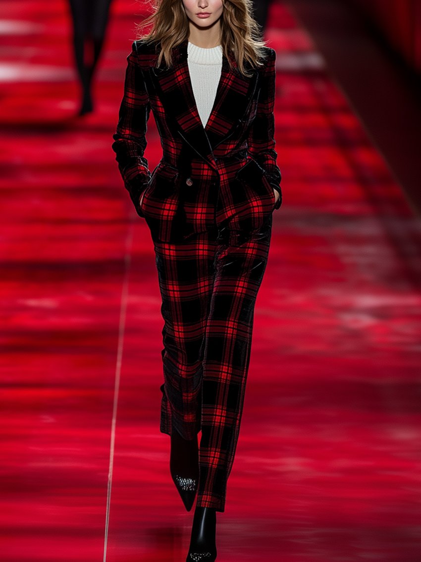 Black Velvet Jumpsuit With Red Check