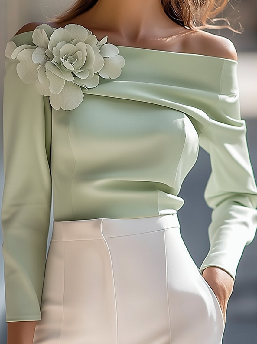 Light Green Off-The-Shoulder Shirt With 3D Flower Decoration