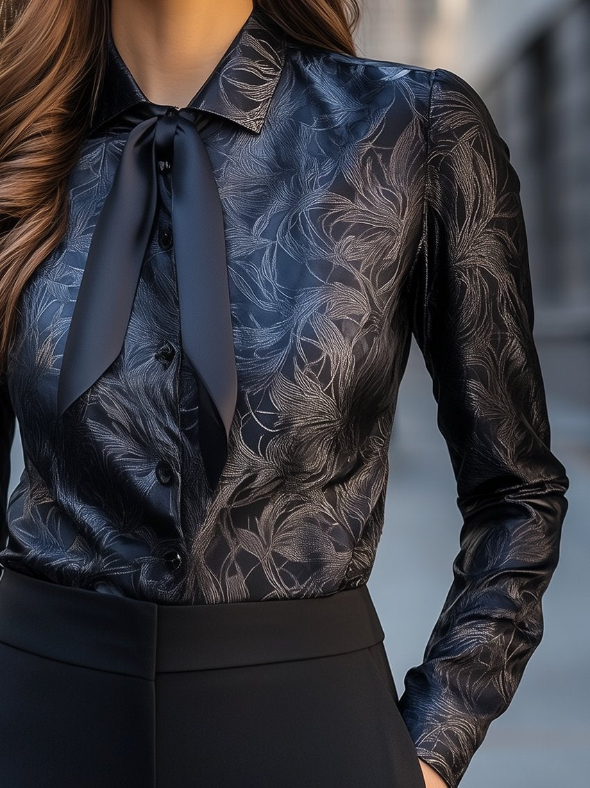 Black Floral Print Satin Blouse With Detachable Bow-tie