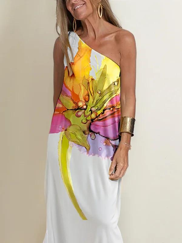 Asymmetric Flower Print One-Shoulder Maxi Dresses