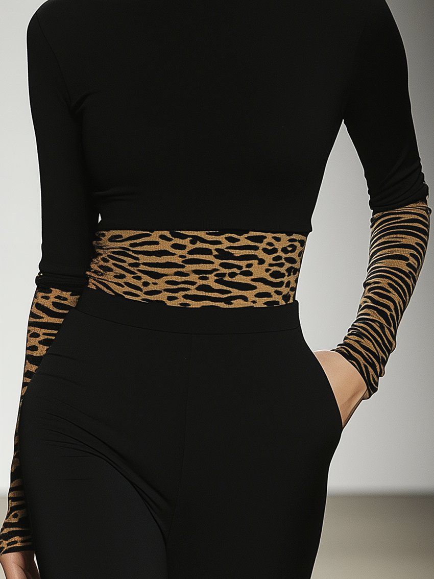 Black Stretch-tight T-shirt With Leopard Print Bottom