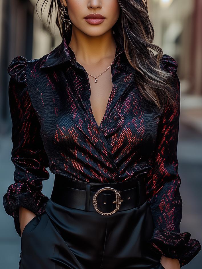 Black And Red Snakeskin Print Satin Blouse