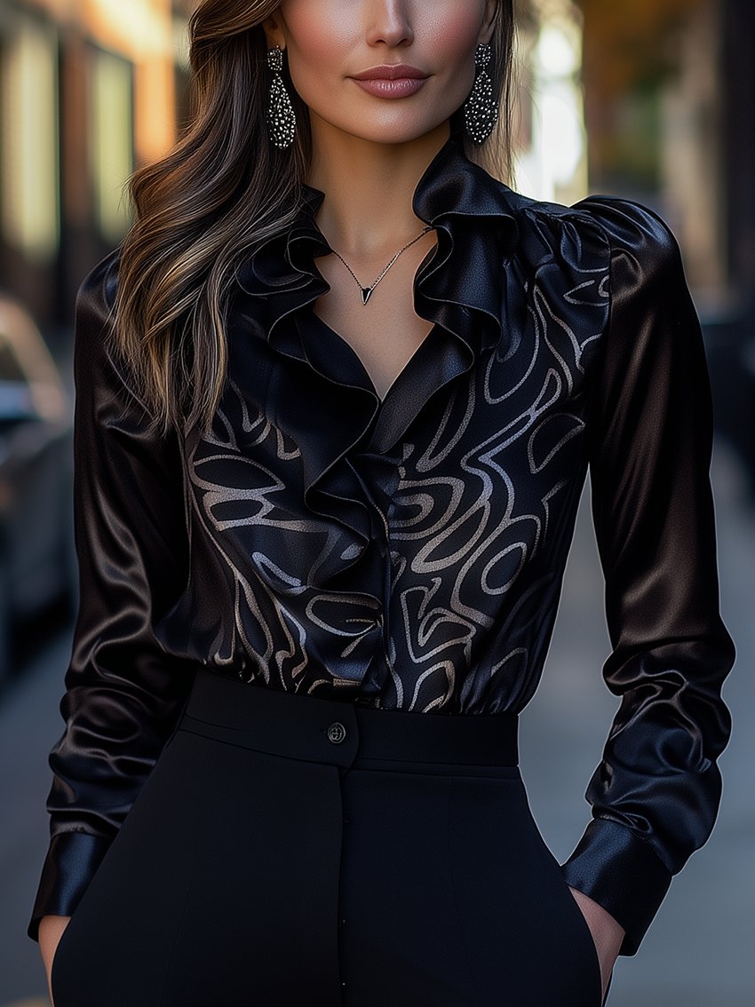 Abstract Line Print Ruffled Collar Black Satin Blouse