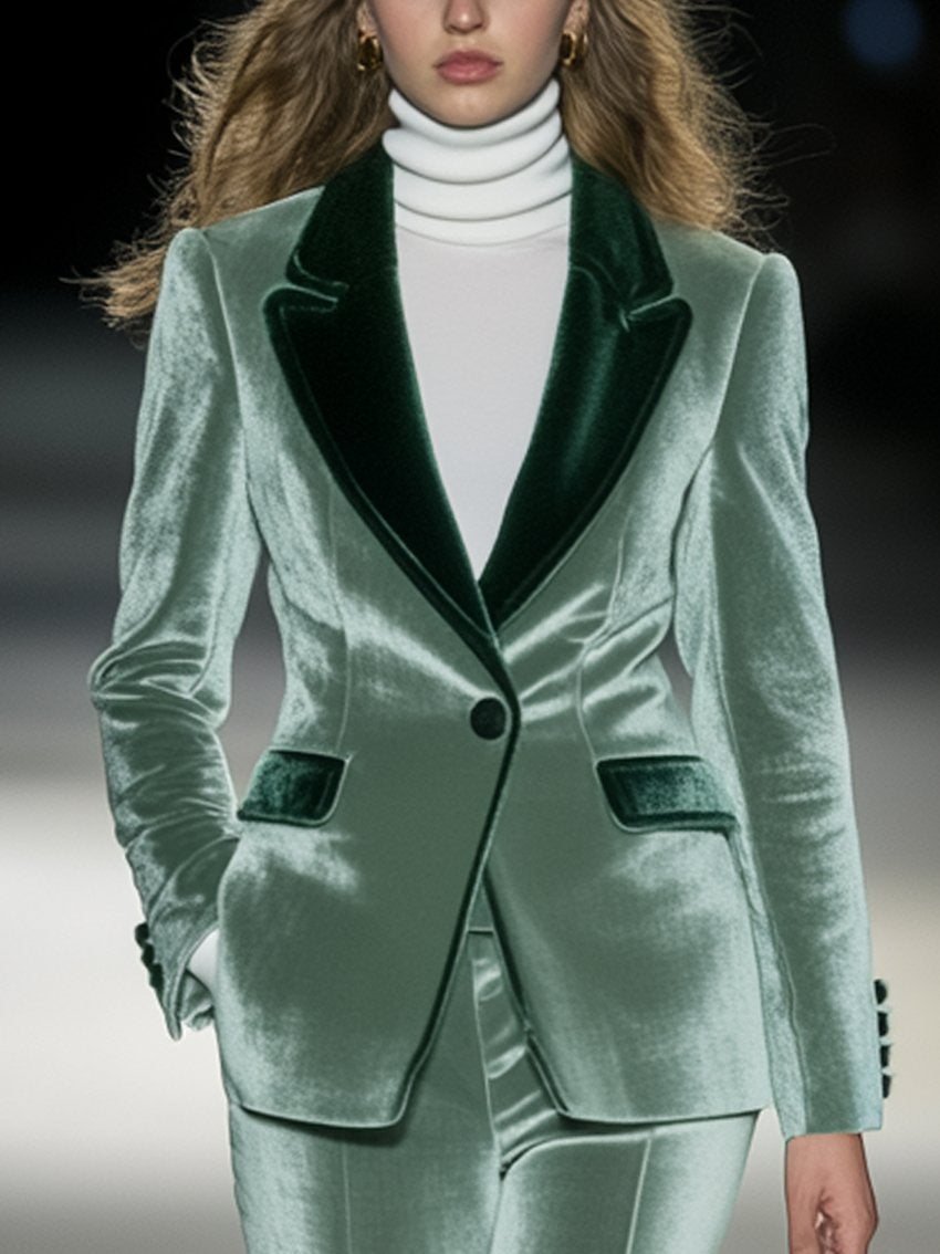 Mint Green Velvet Blazer With Dark Green Collar