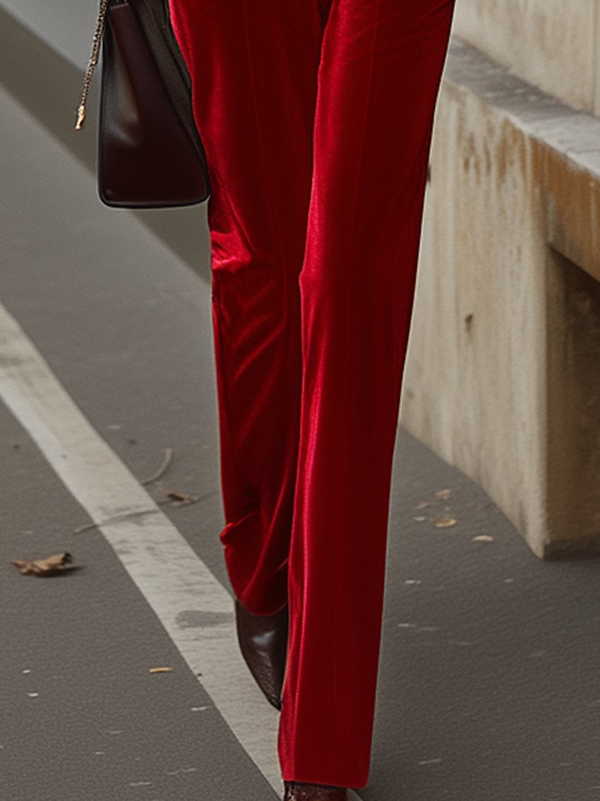 Double-breasted Red Velvet Pants With Trim