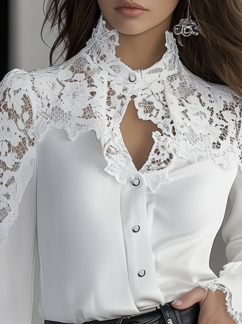 Vintage White Blouse With Lace Neckline And Shoulders