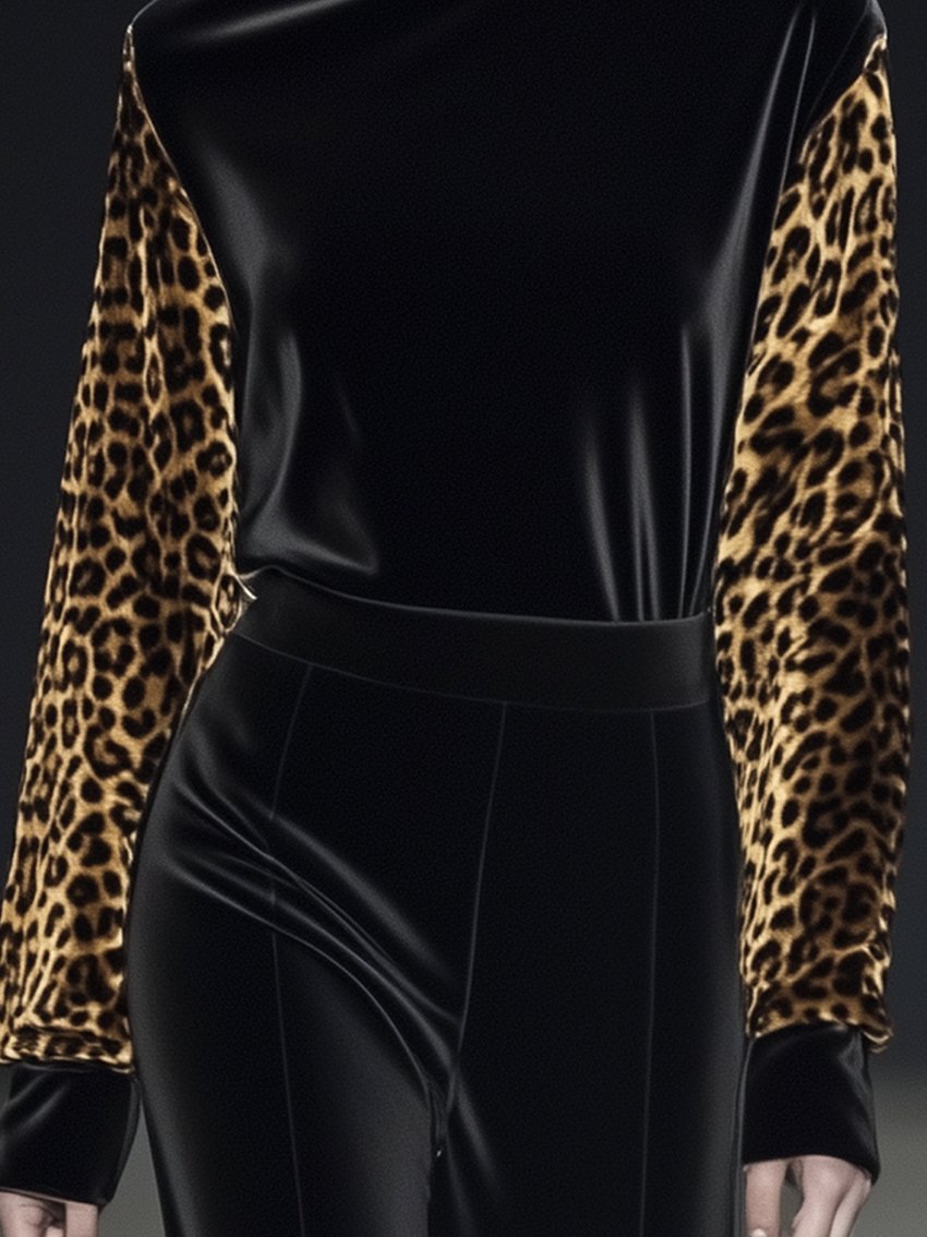 Black Velvet Shirt With Leopard Sleeves