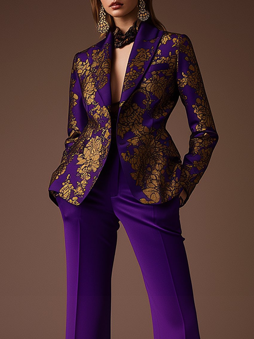 Purple Blazer With Gold Luxury Print