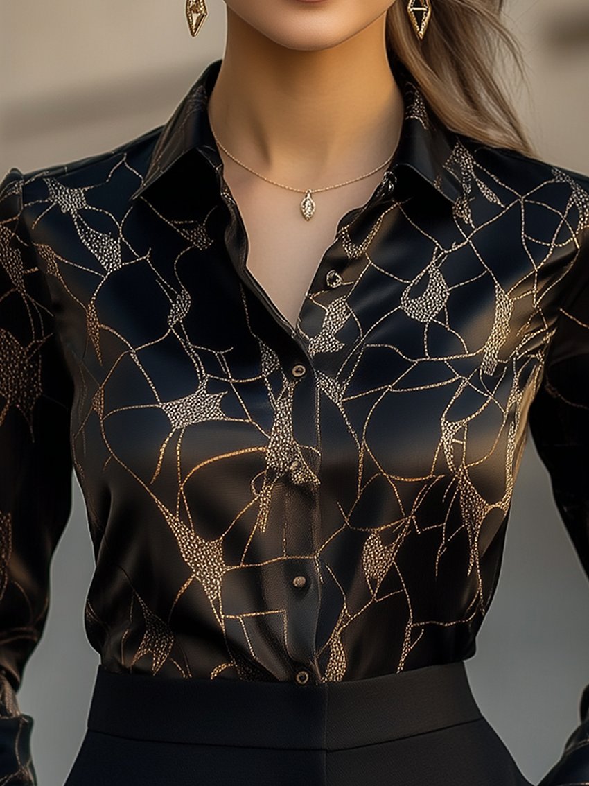 Black Abstract Geometric Print Satin Blouse