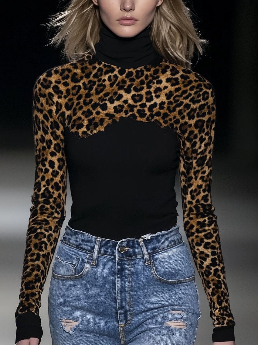 Black Stretch-tight T-shirt With Leopard Print