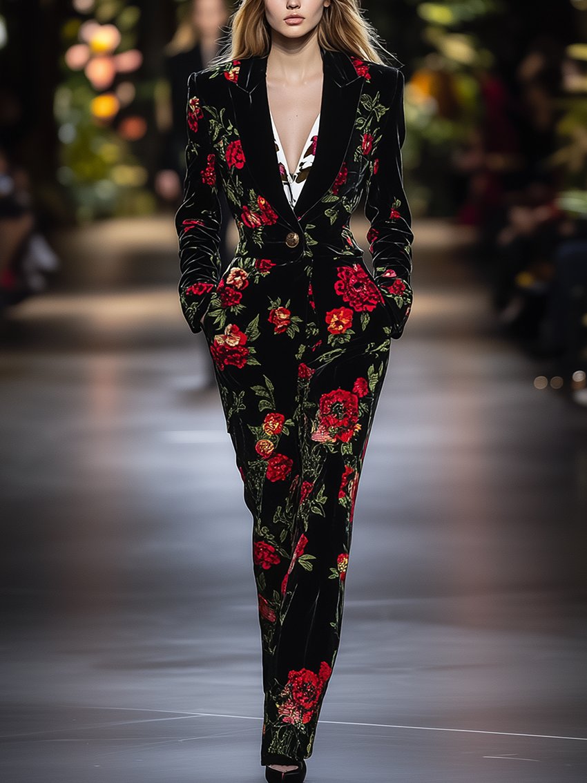 Black Velvet Jumpsuit With Red Floral Plants