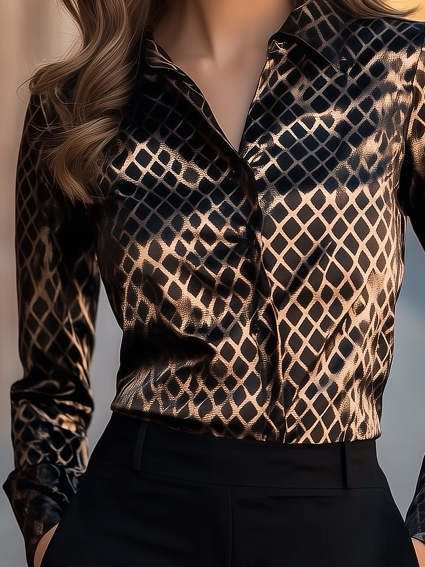 Black Gold Geometric Print Satin Blouse