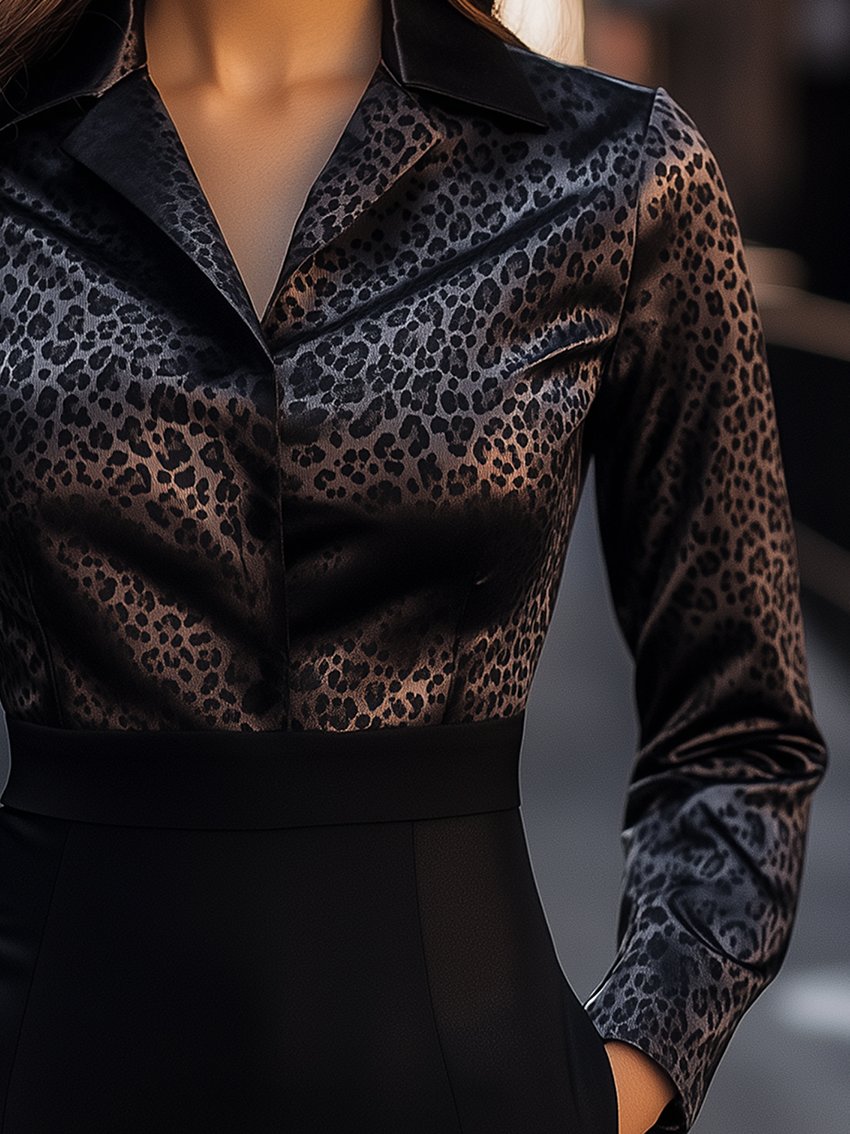 Black Charcoal Grey Leopard Print Satin Blouse