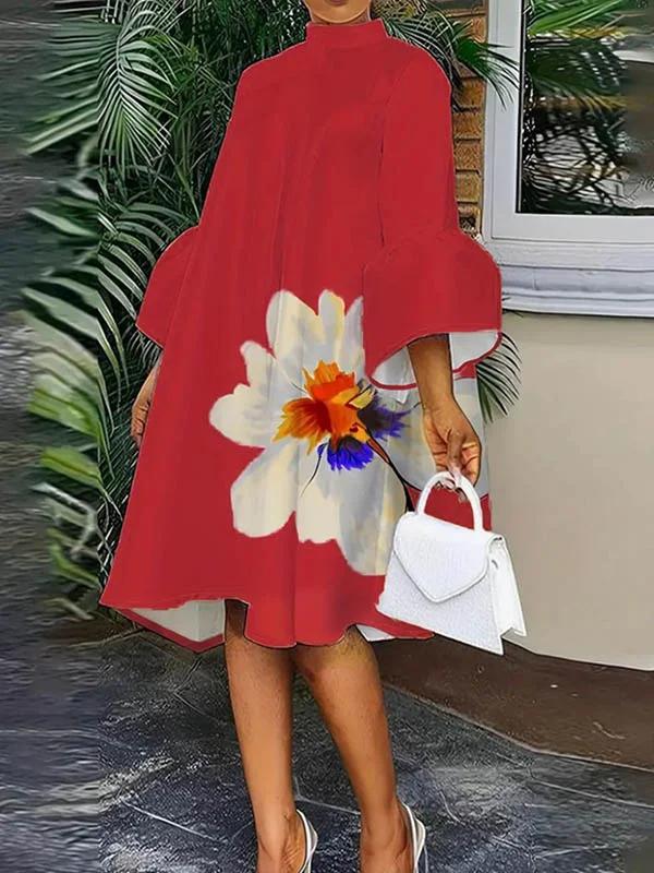 Floral Printed Split-Joint High Neck Midi Dresses