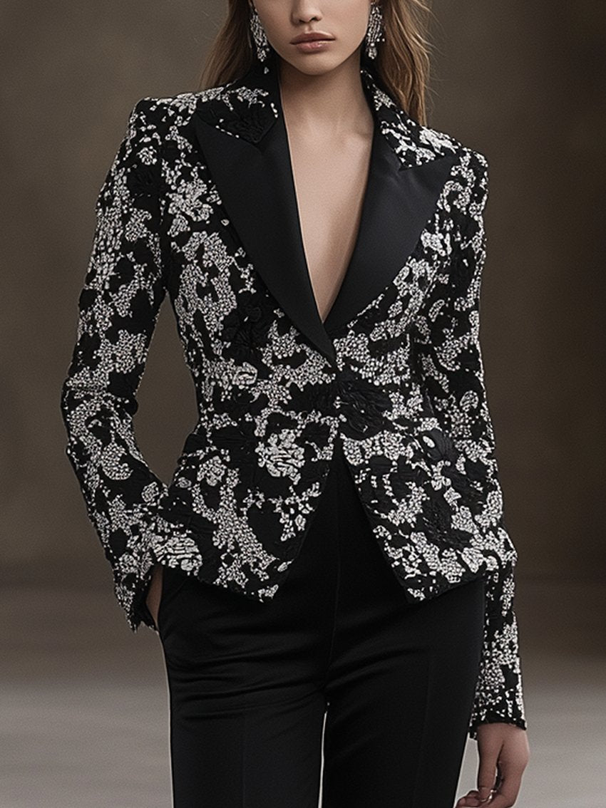 Black Blazer With White Lace Print