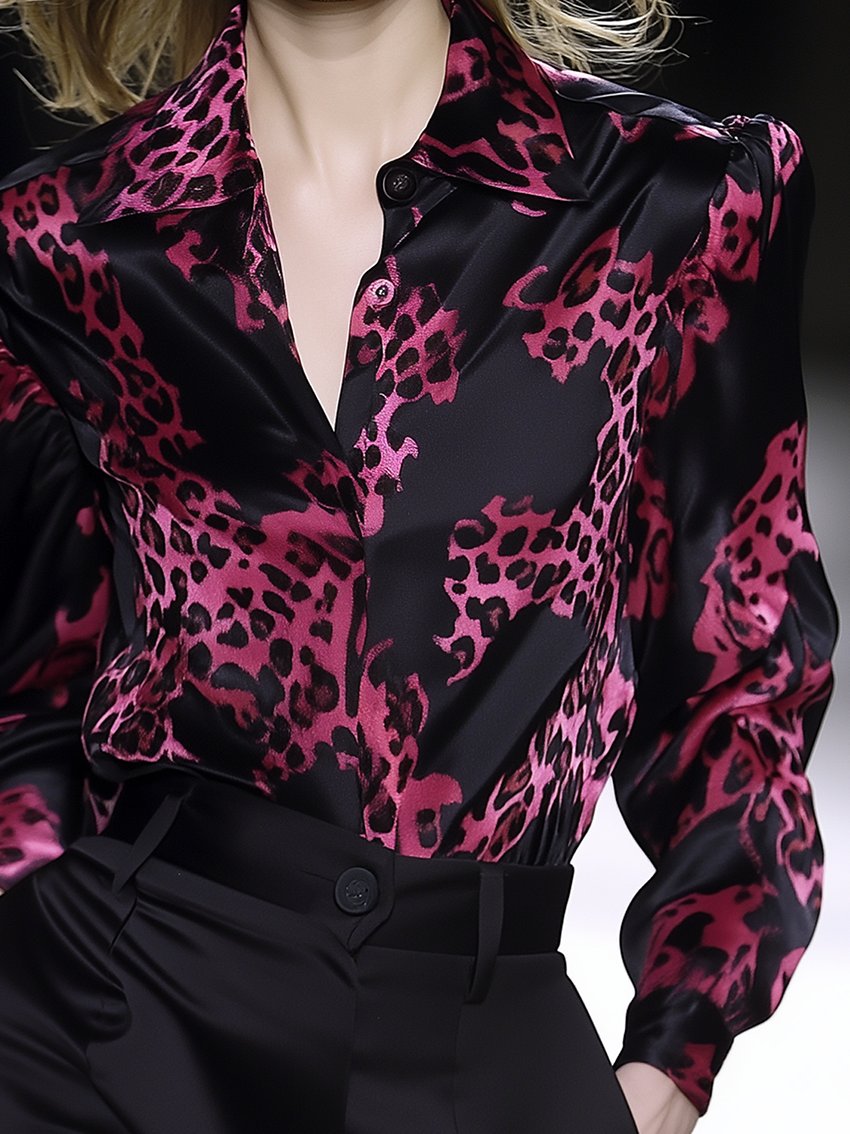 Red And Black Contrast Leopard-Print Satin Blouse