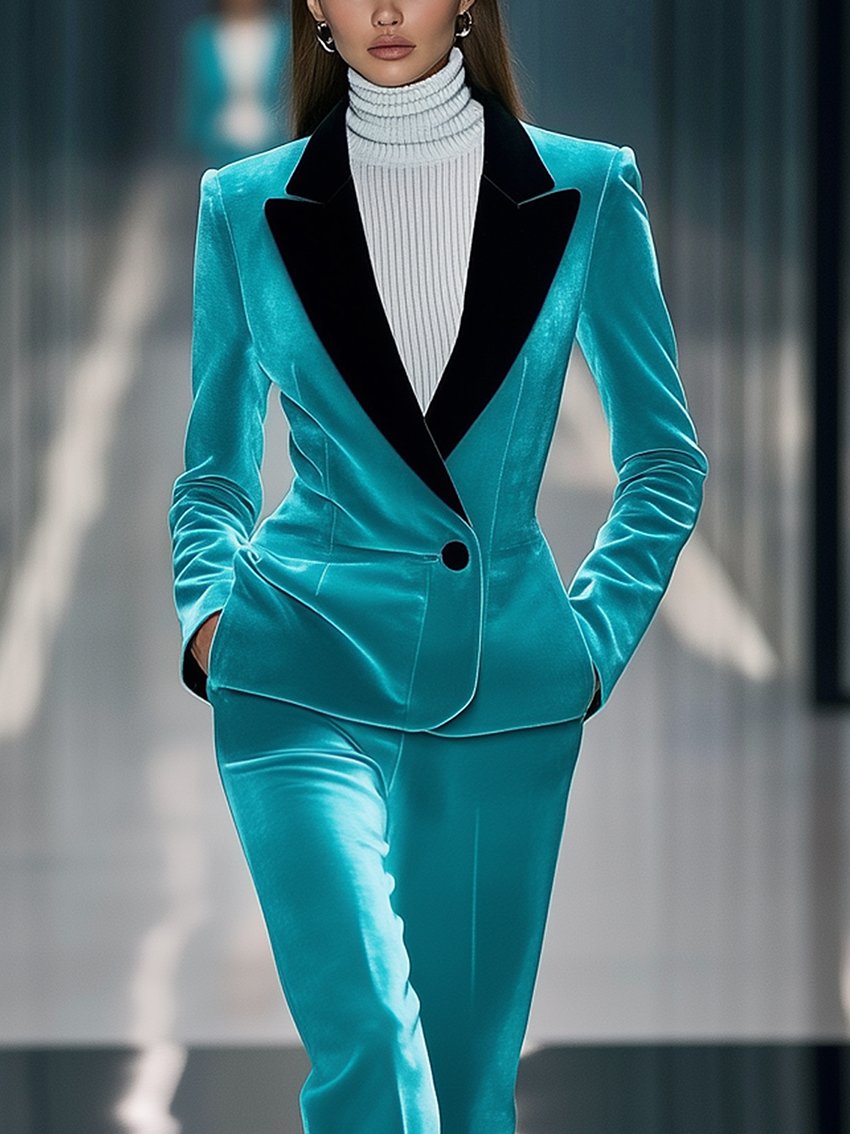 Bright Cyan Velvet Suit With Black Collar