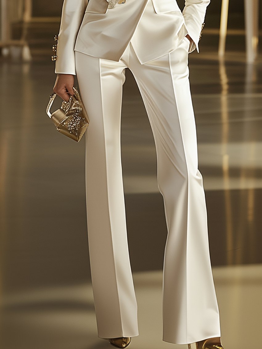 White Satin Pants With 3D Flowers