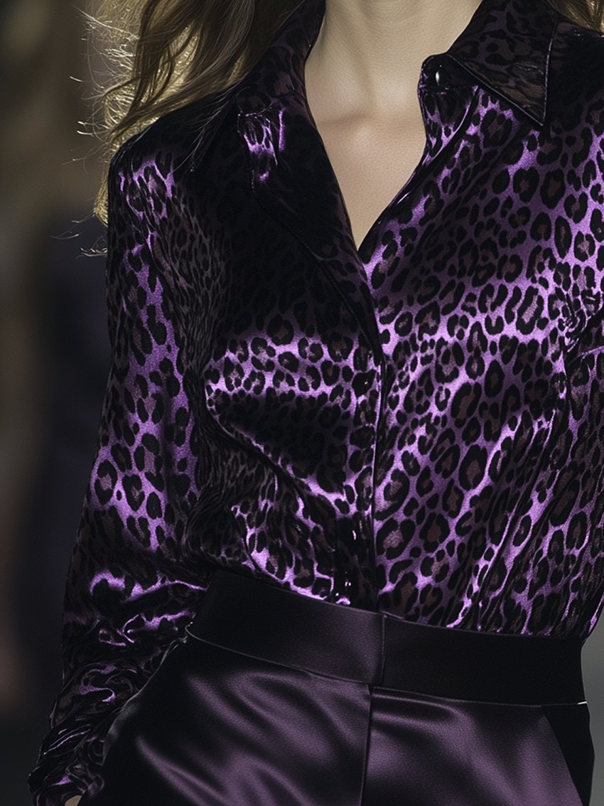 Purple Leopard-Print Satin Blouse