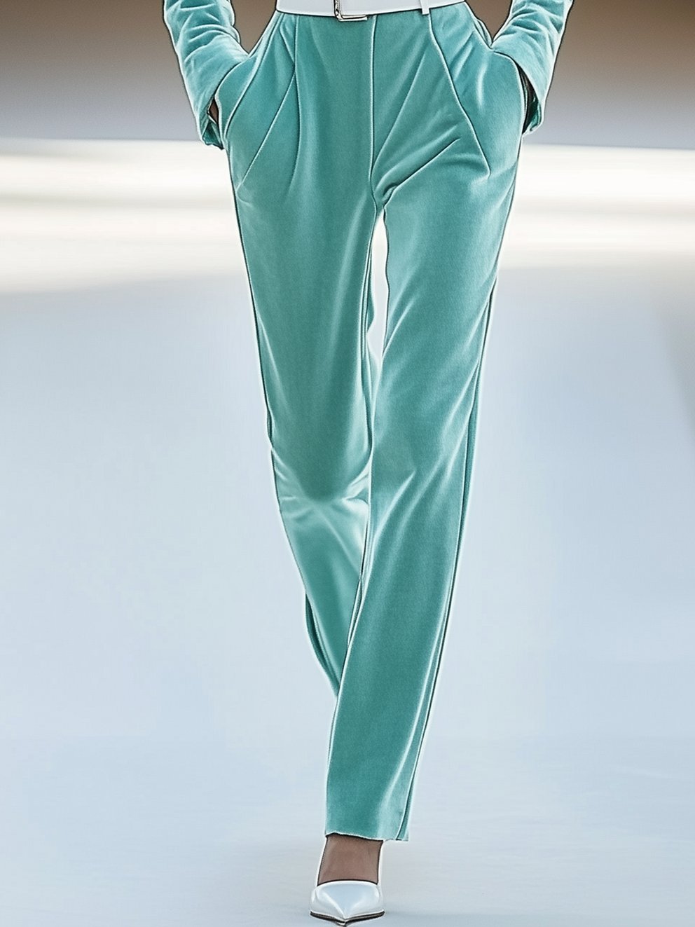 Mint Green Velvet Jumpsuit With White Belt