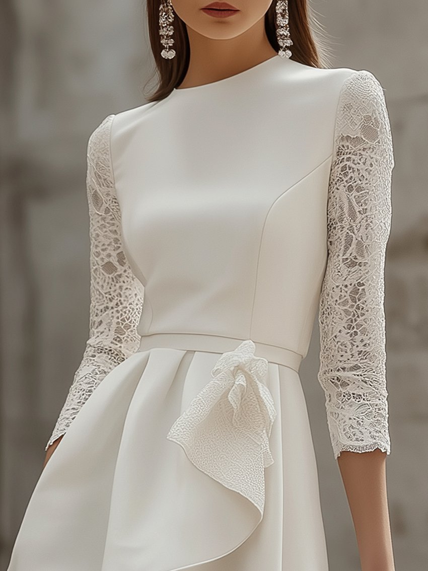 White Round Neck With Lace Sleeves Midi Dress With Ruffles