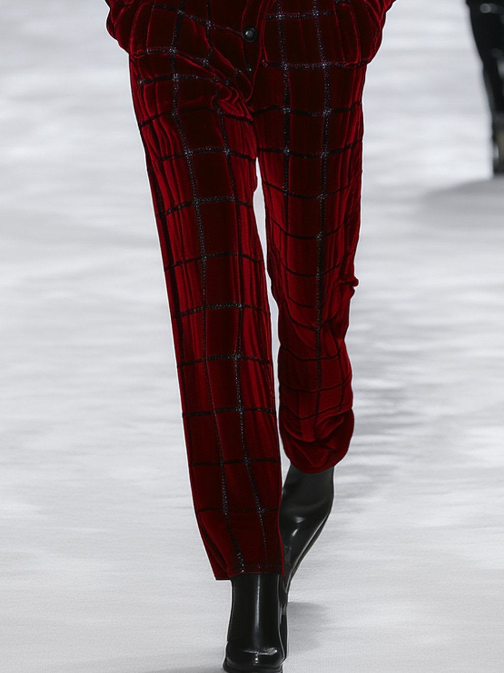 Red Velvet Jumpsuit With Black Check And Belt