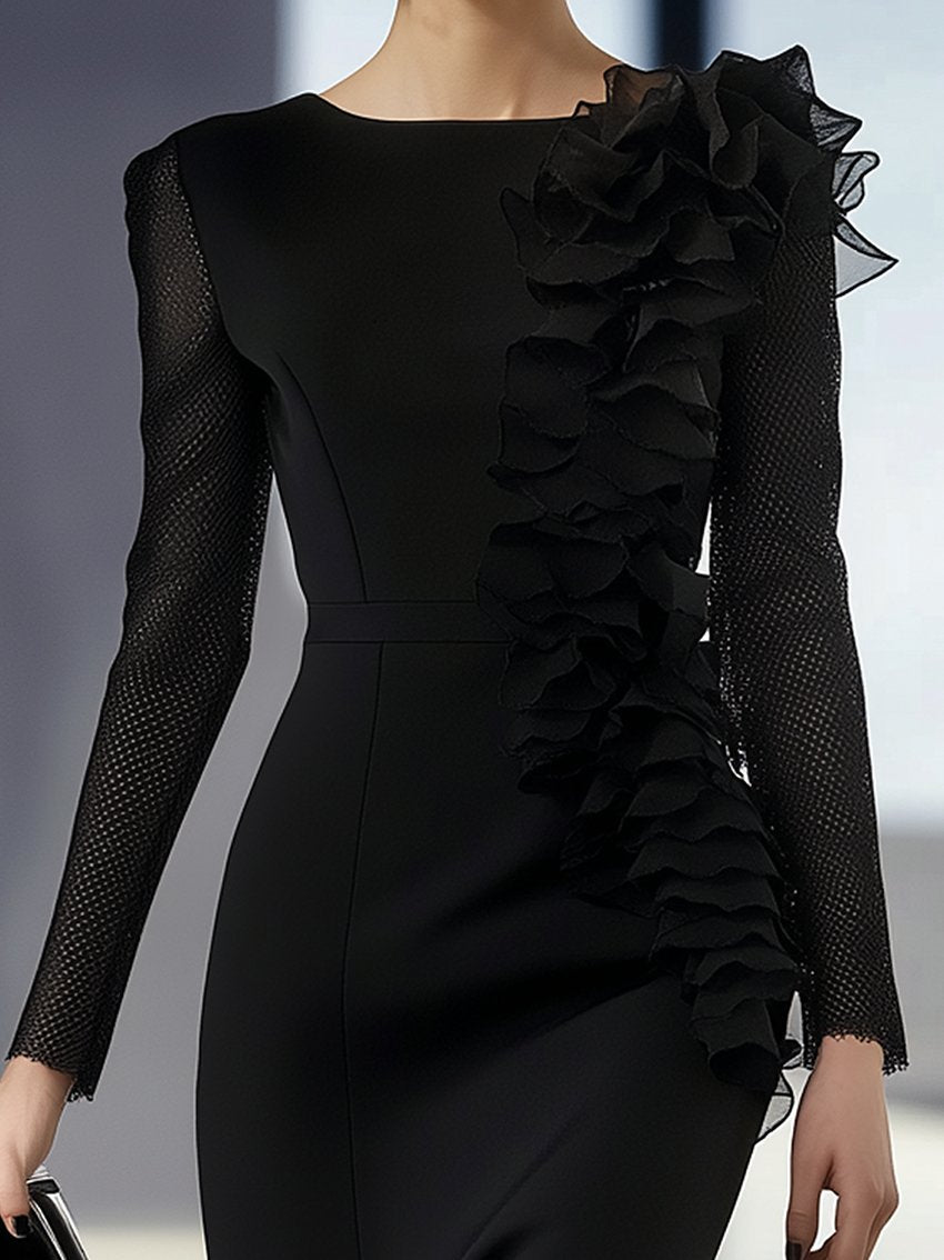 Black Midi Pencil Dress With Mesh Sleeves And Mesh Ruffles