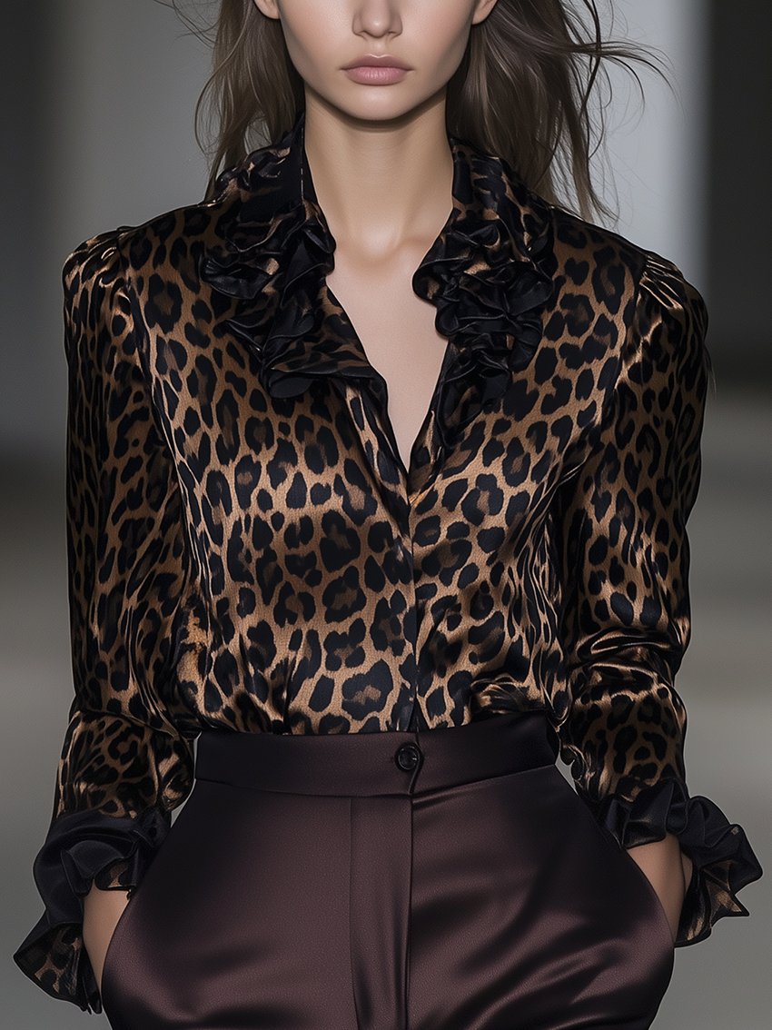 Brown Leopard-print Satin Blouse With Ruffled Neckline Sleeves