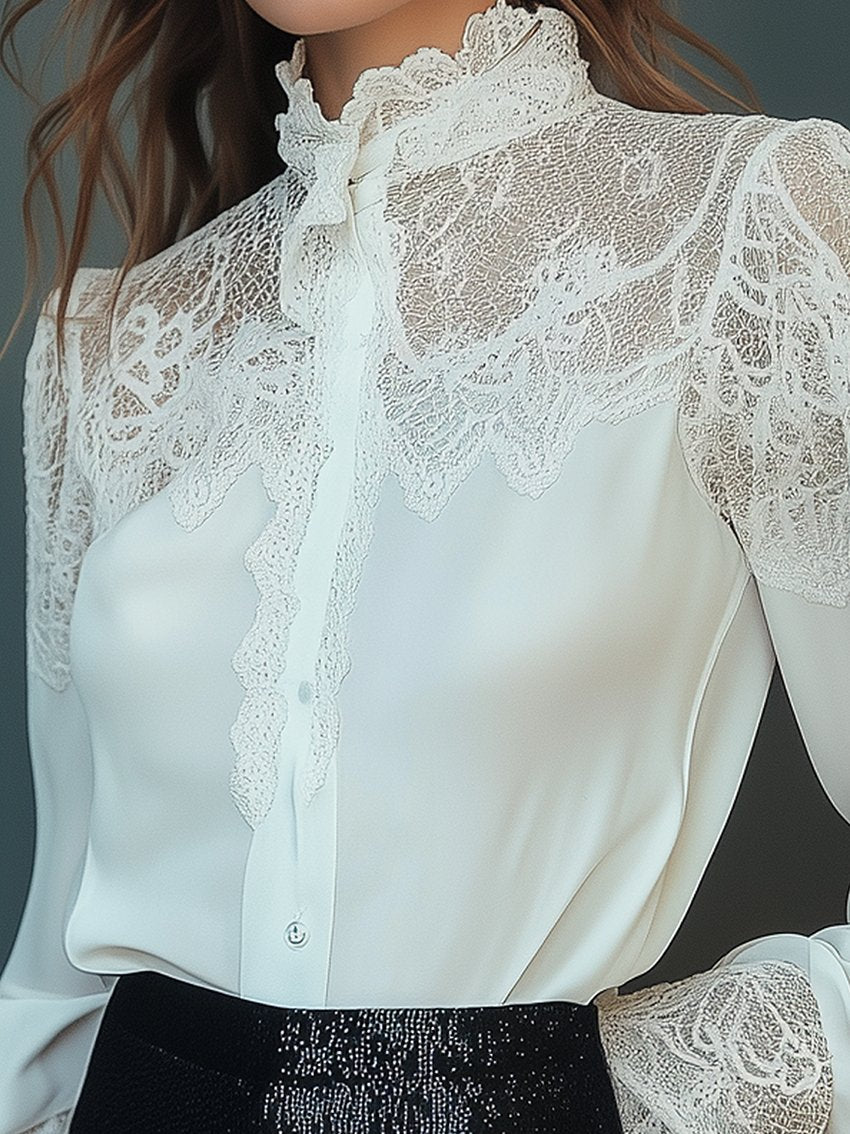 White Blouse With Collar And Shoulder Stitching Lace