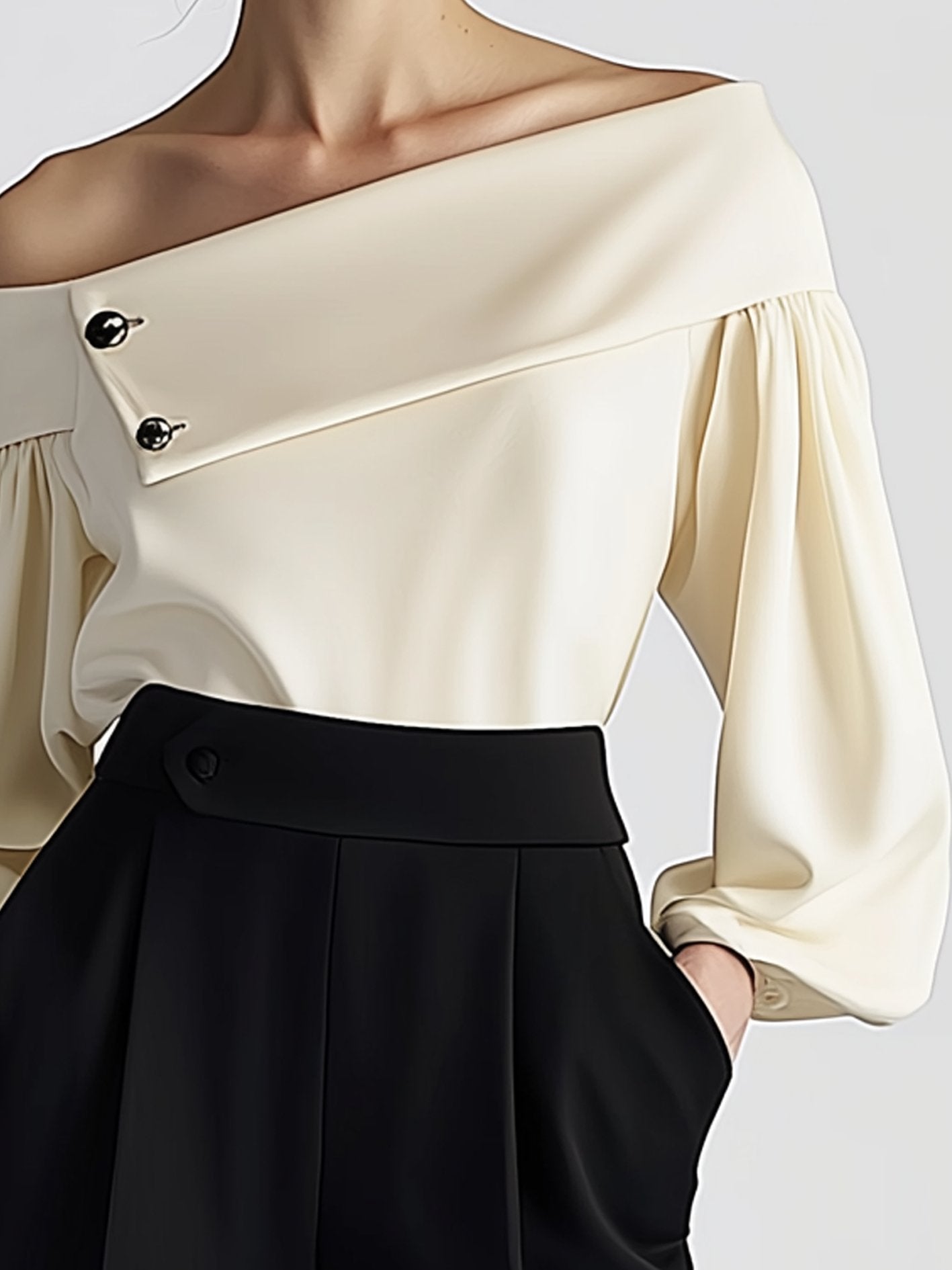 Off-the-shoulder Beige Shirt With Buttons