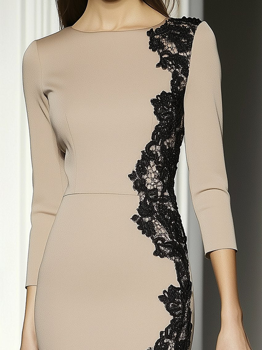 Beige Midi Bodycon Dress With Elegant Black Lace Decoration