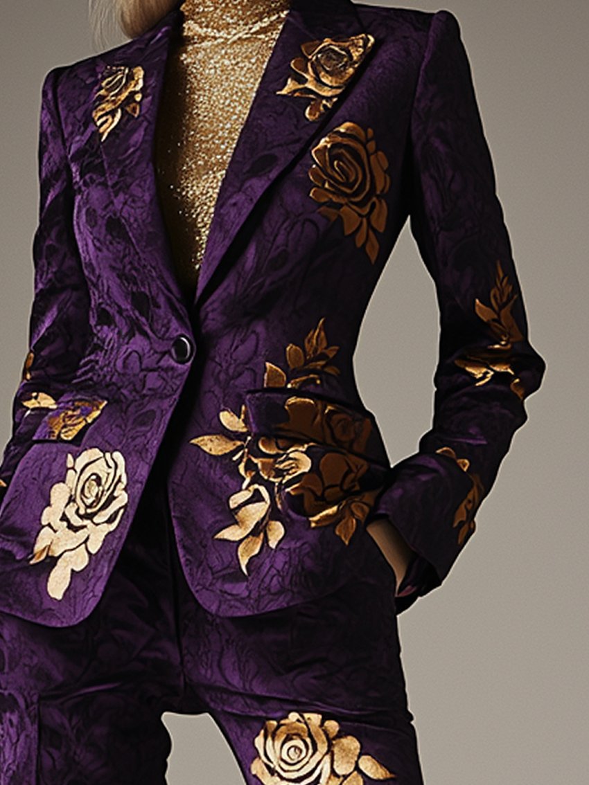 Purple Blazer With Golden Rose Print