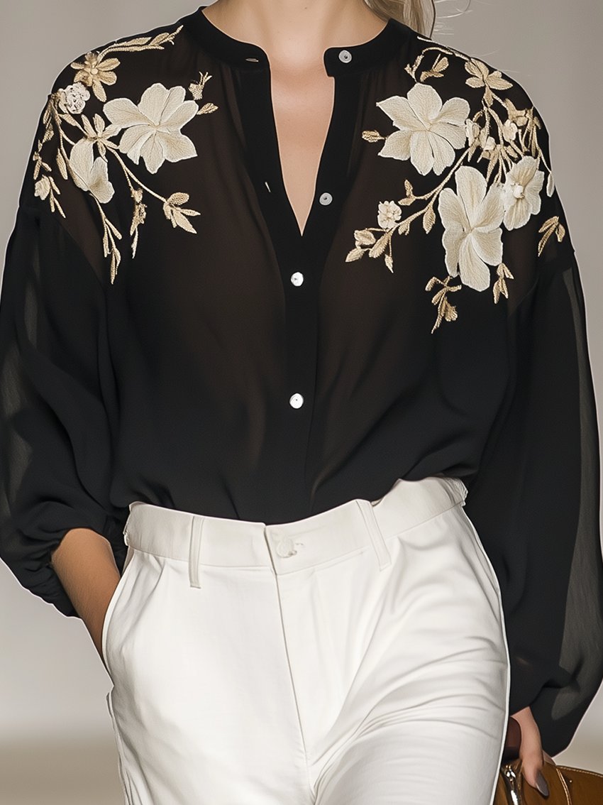 Black Round Tie Elegant Embroidered Flower Blouse