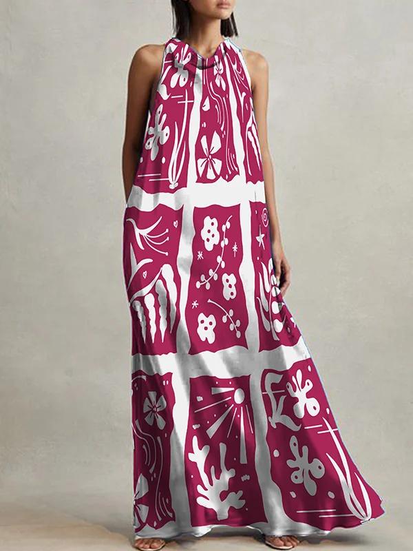 A-line Printed Tied Heaps Collar Maxi Dresses