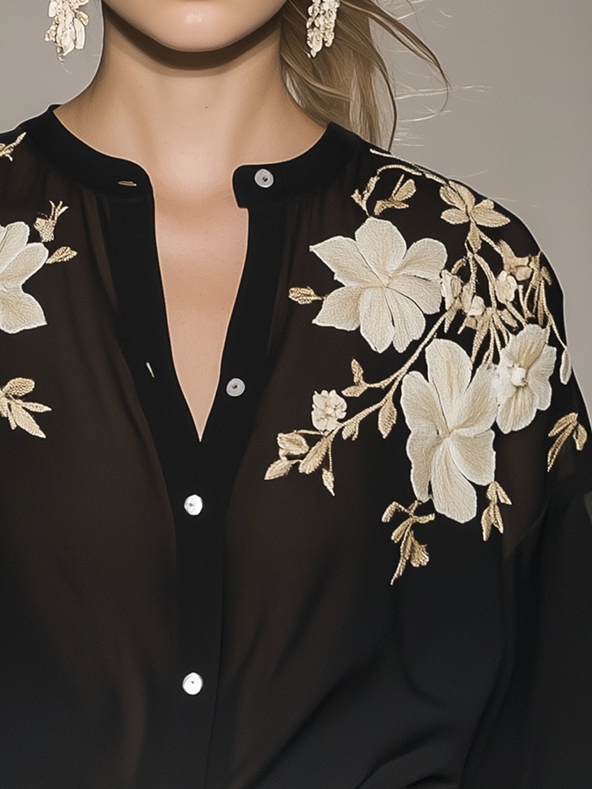 Black Round Tie Elegant Embroidered Flower Blouse