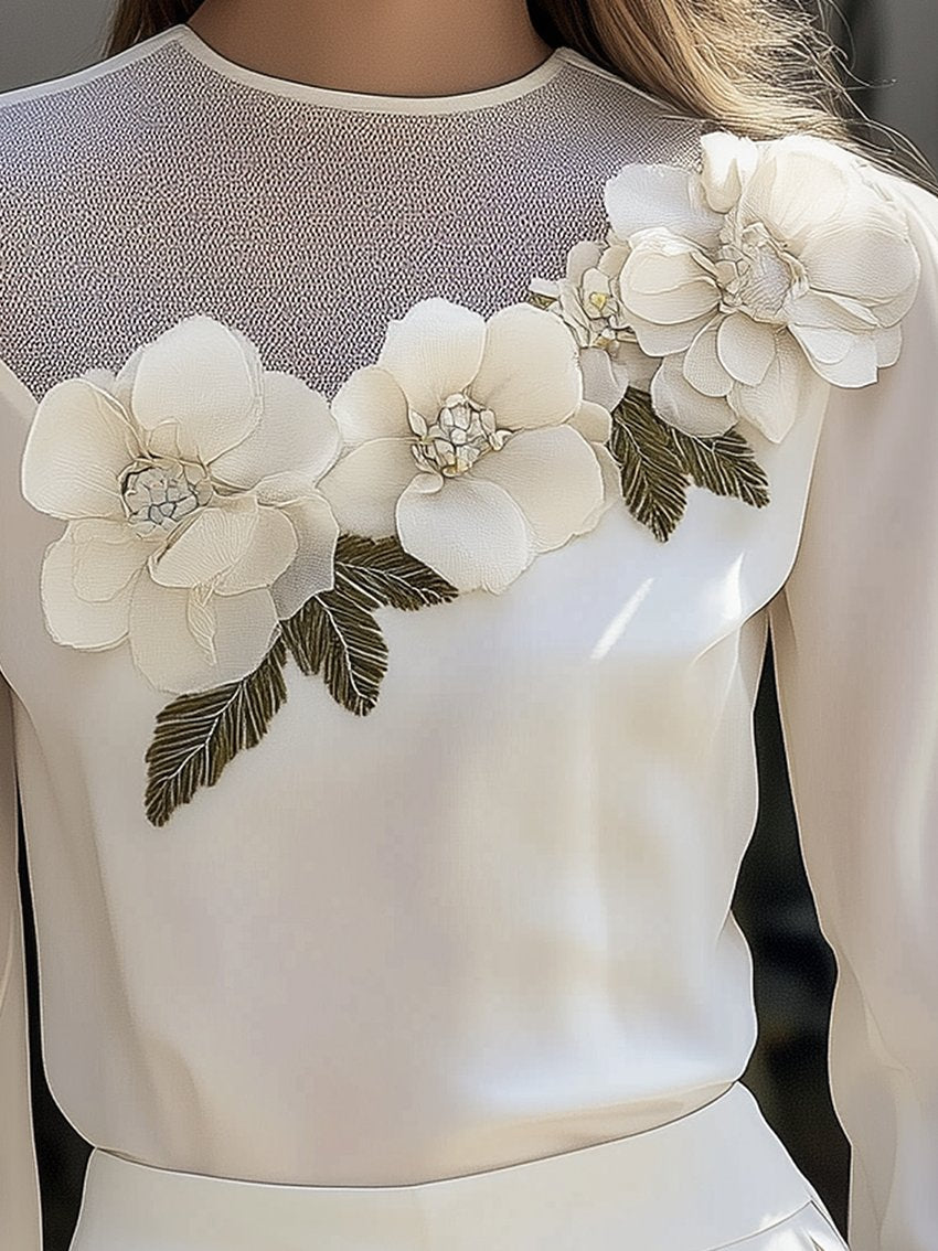 White Shirt With 3D Flowers And Gauze Neckline