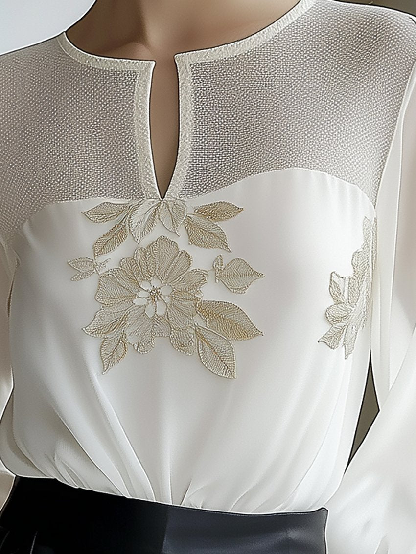 V-Neck White Chiffon Shirt With Flower Embroidery In Collar Mesh