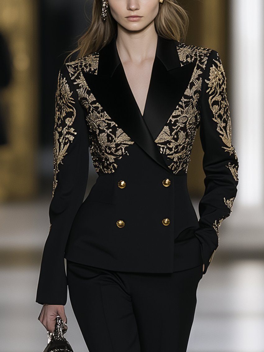 Black Blazer With Gold Lace Print