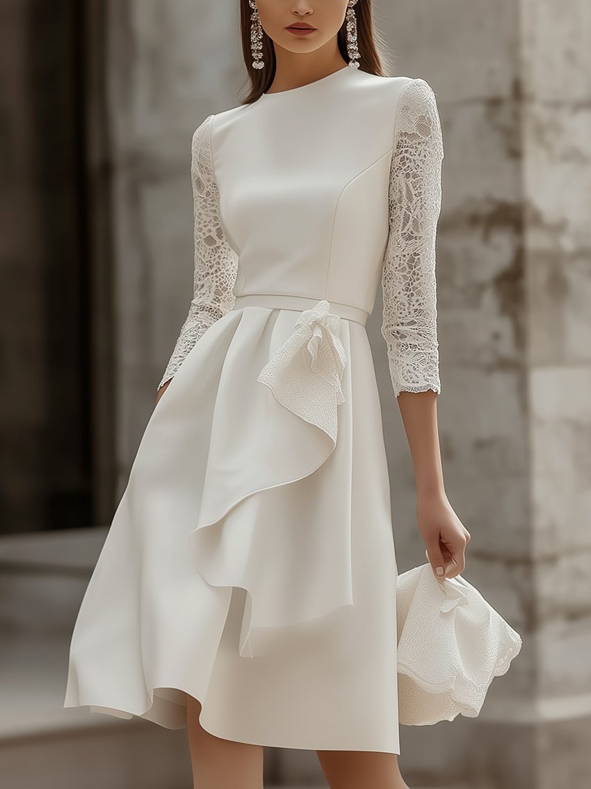 White Round Neck With Lace Sleeves Midi Dress With Ruffles