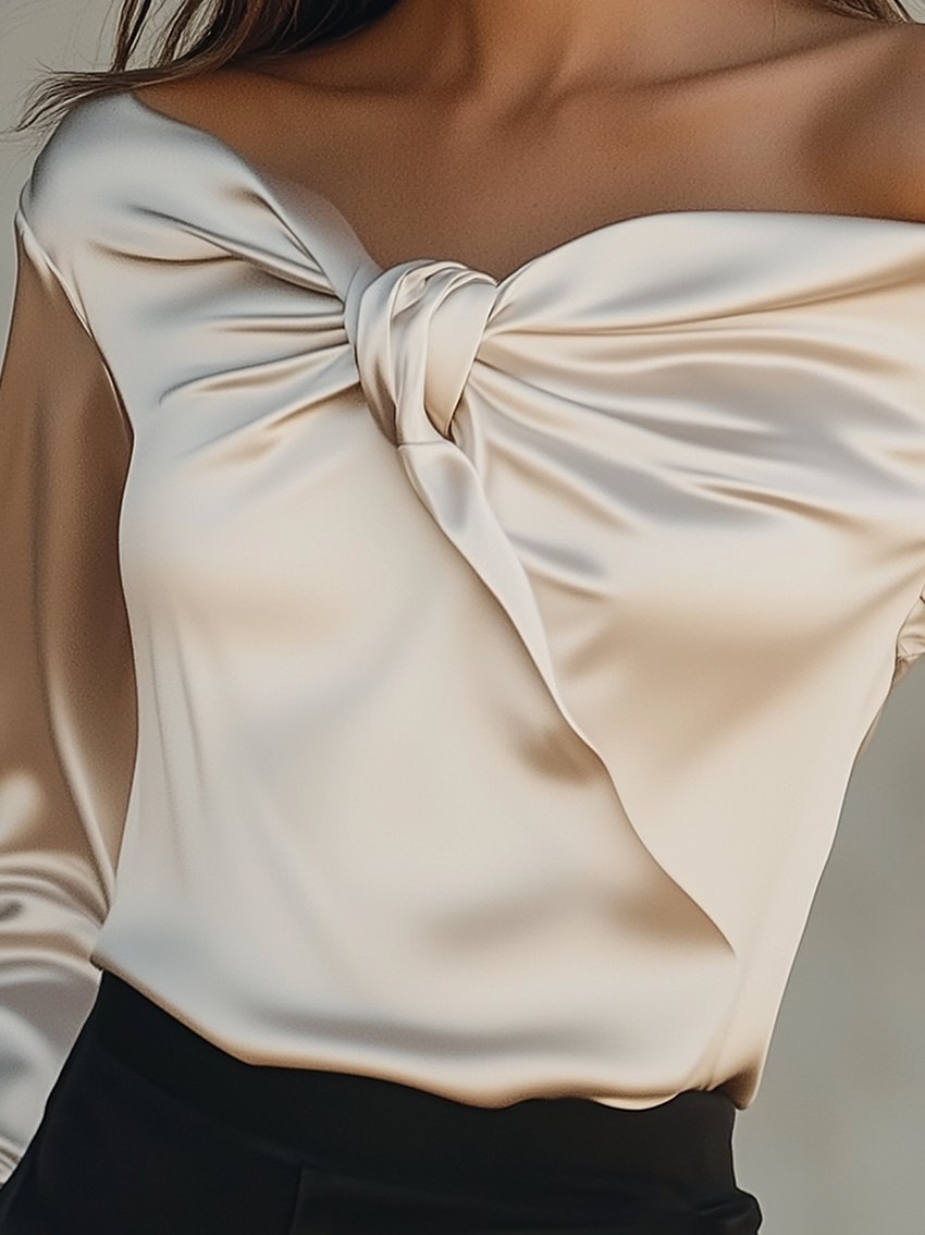 Off-The-Shoulder Beige Satin Shirt With Kink