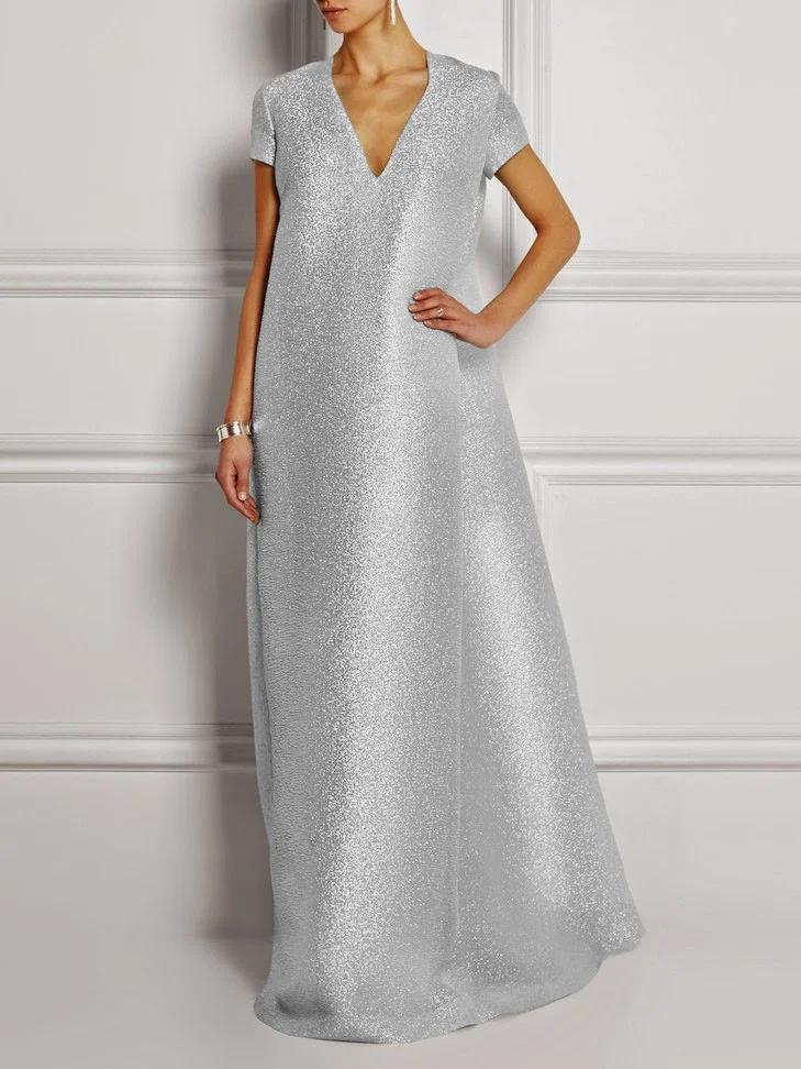 Short Sleeves Shiny V-Neck Maxi Dresses