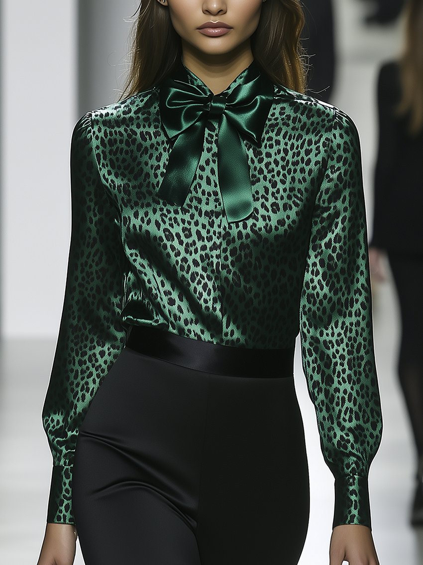 Green Leopard-print Satin Shirt With Bow Tie