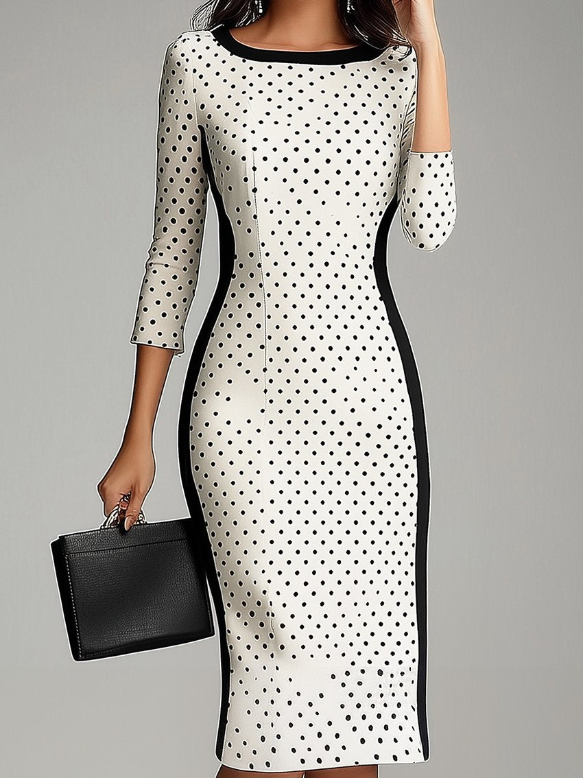 White Midi Dress With Black Trim And Polled Dots