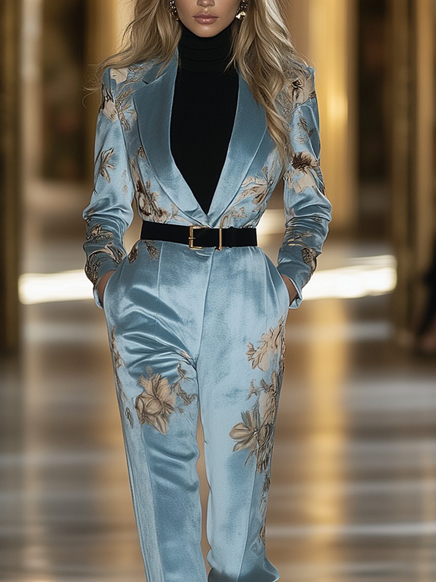 Sky Blue Velvet Jumpsuit With Elegant Floral Print And Belt