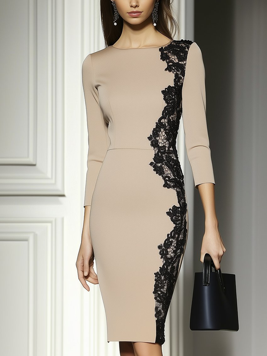 Beige Midi Bodycon Dress With Elegant Black Lace Decoration