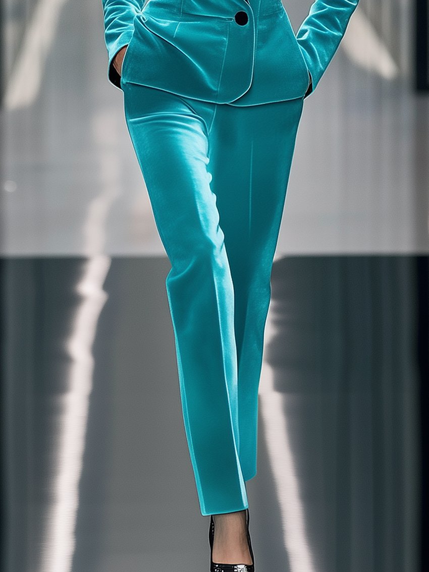 Bright Cyan Velvet Pants With Black Collar